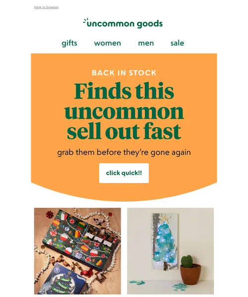 Uncommon Goods email layout for Back in stock (but not for long) 😲